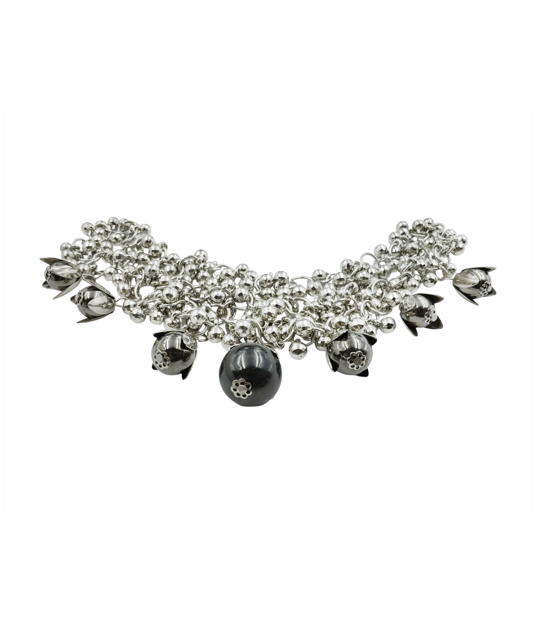 Elegant Silver Beaded Neckline with Hanging Bell Charms