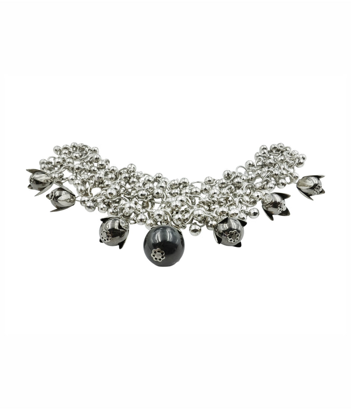 Elegant Silver Beaded Neckline with Hanging Bell Charms
