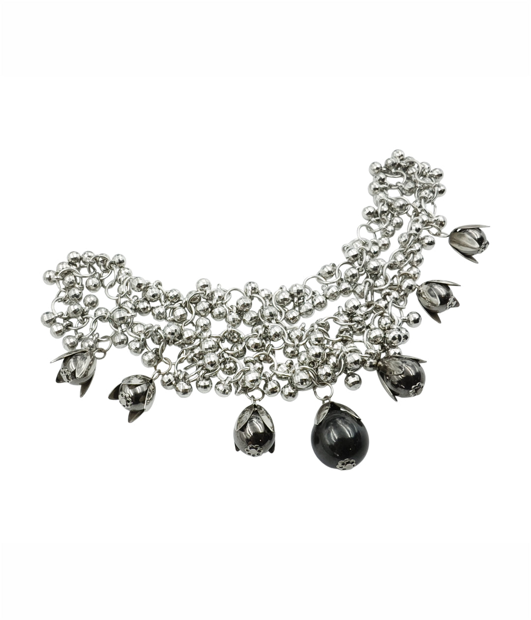 Elegant Silver Beaded Neckline with Hanging Bell Charms