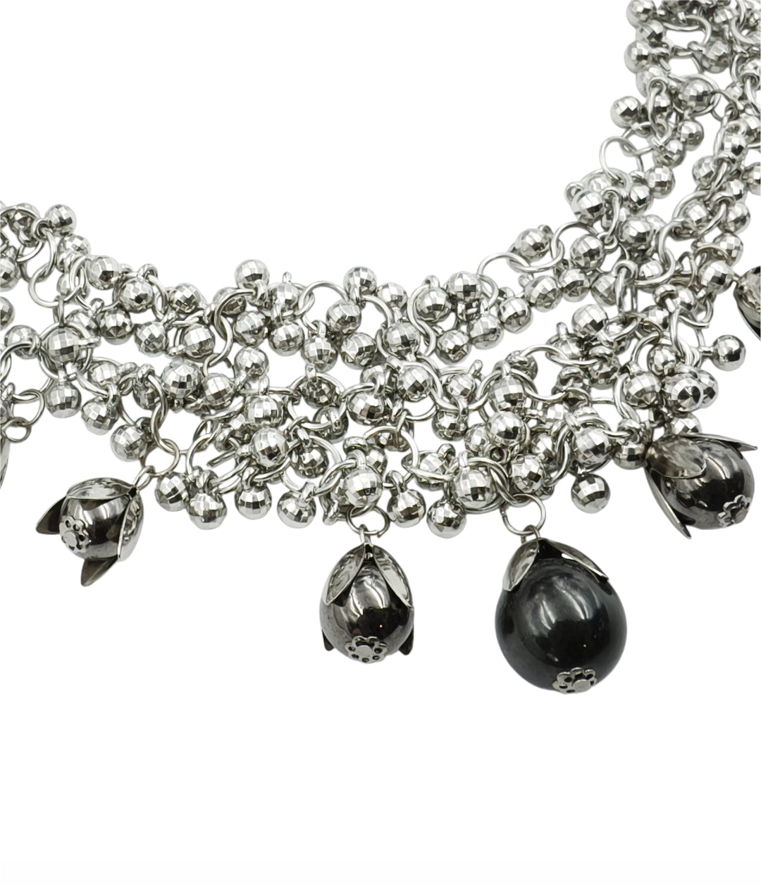 Elegant Silver Beaded Necklace with Hanging Bell Charms