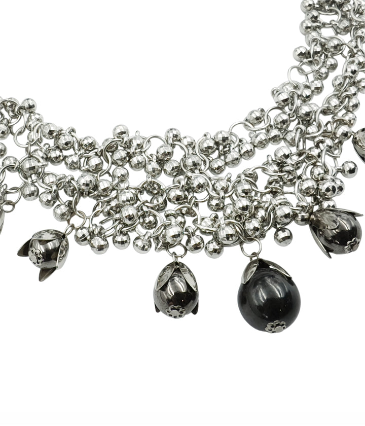 Elegant Silver Beaded Necklace with Hanging Bell Charms