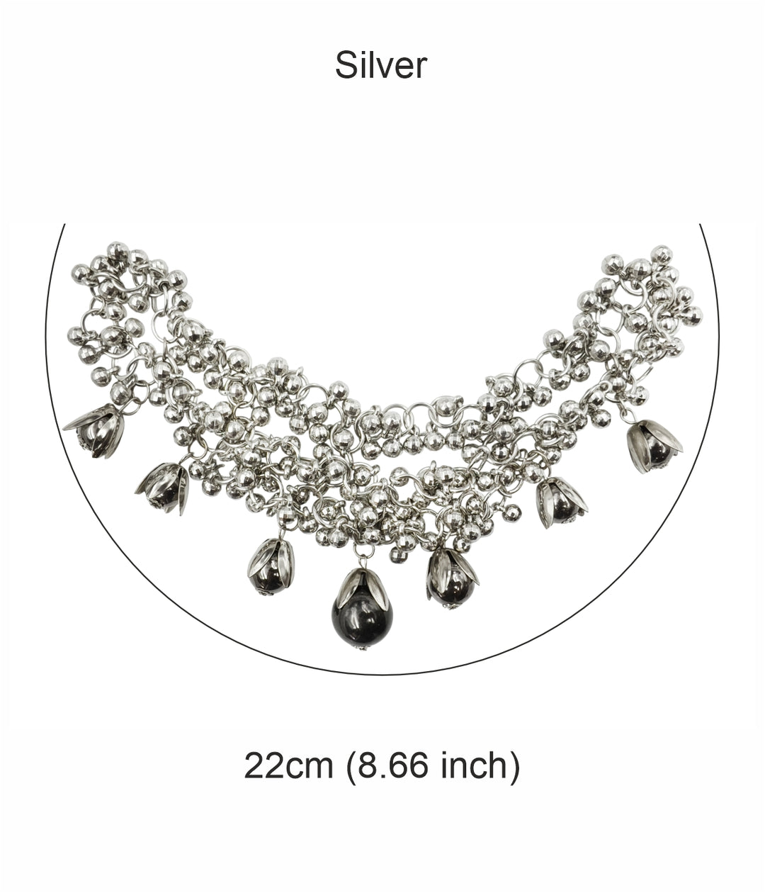 Elegant Silver Beaded Neckline with Hanging Bell Charms