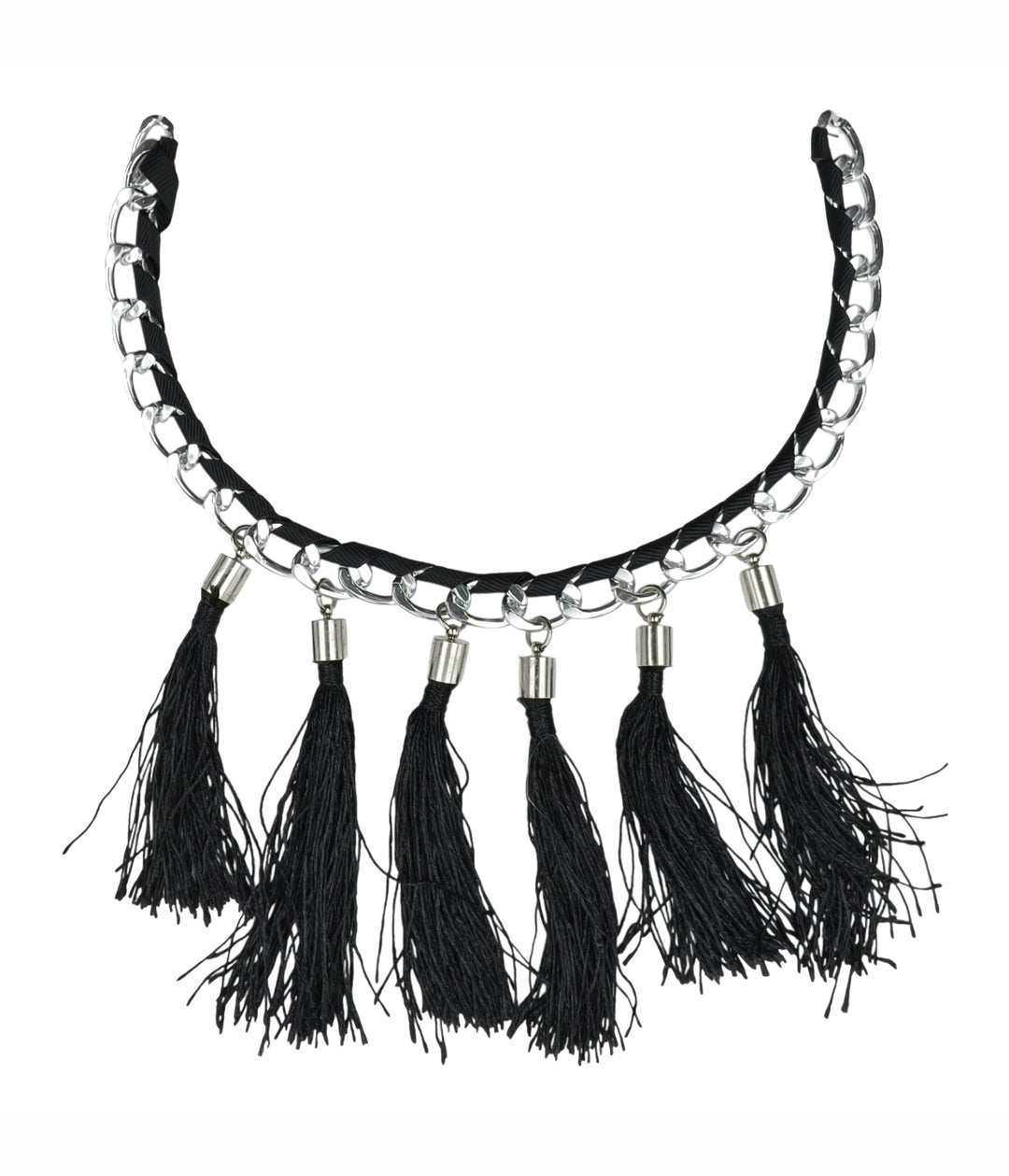 Boho Chic Black Tassel Necklace with Silver Chain