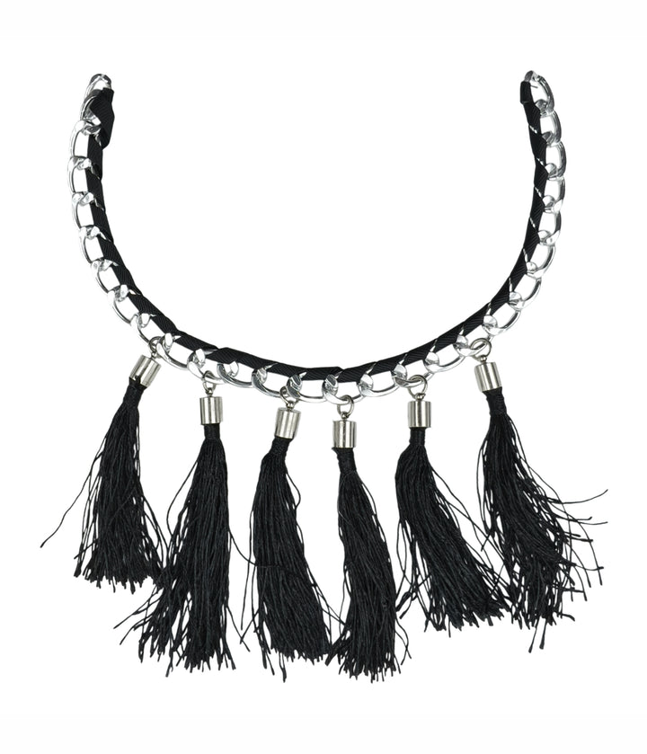 Boho Chic Black Tassel Necklace with Silver Chain