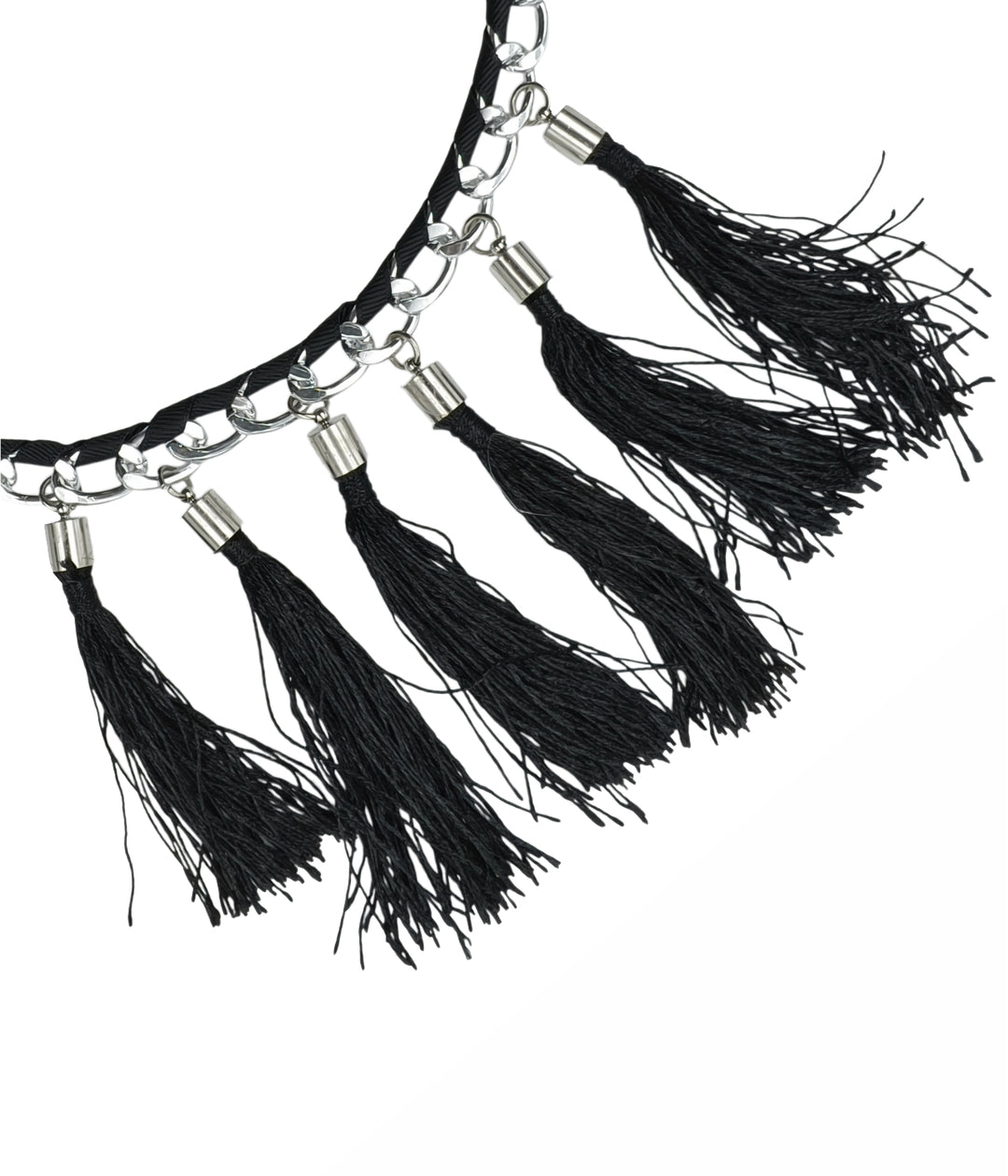 Boho Chic Black Tassel Necklace with Silver Chain