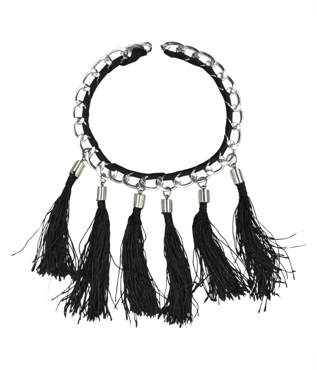 Boho Chic Black Tassel Necklace with Silver Chain