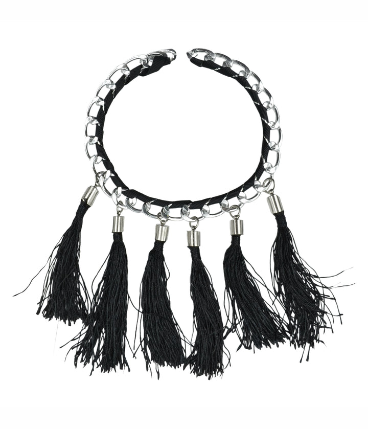 Boho Chic Black Tassel Necklace with Silver Chain