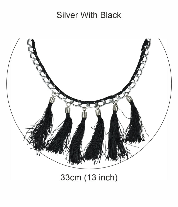 Boho Chic Black Tassel Necklace with Silver Chain