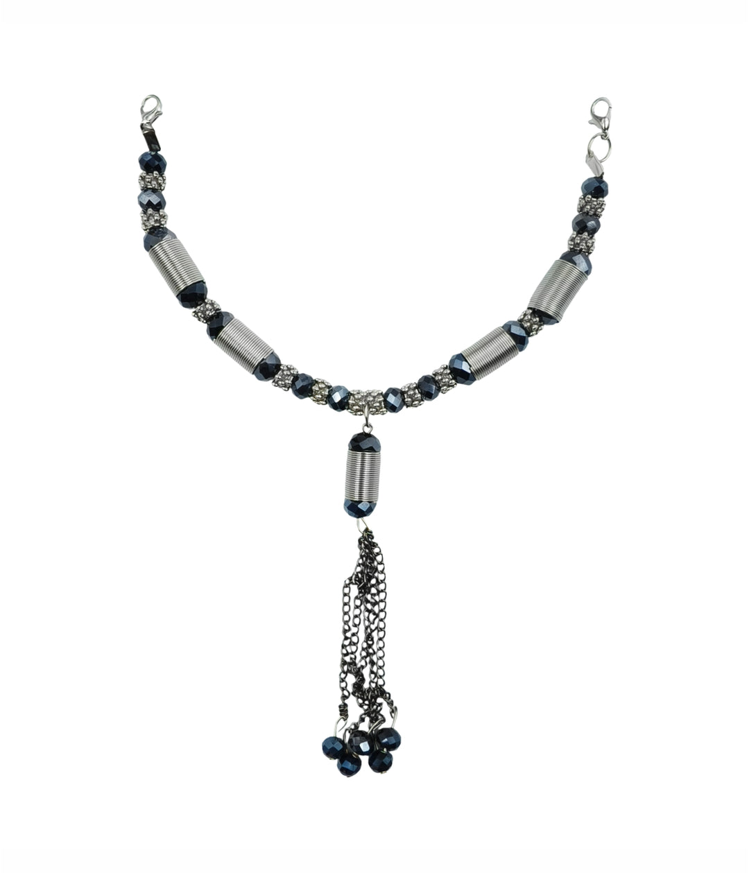 Elegant Shiny Silver Necklace with Blue Crystal Beads and Tassel Drop