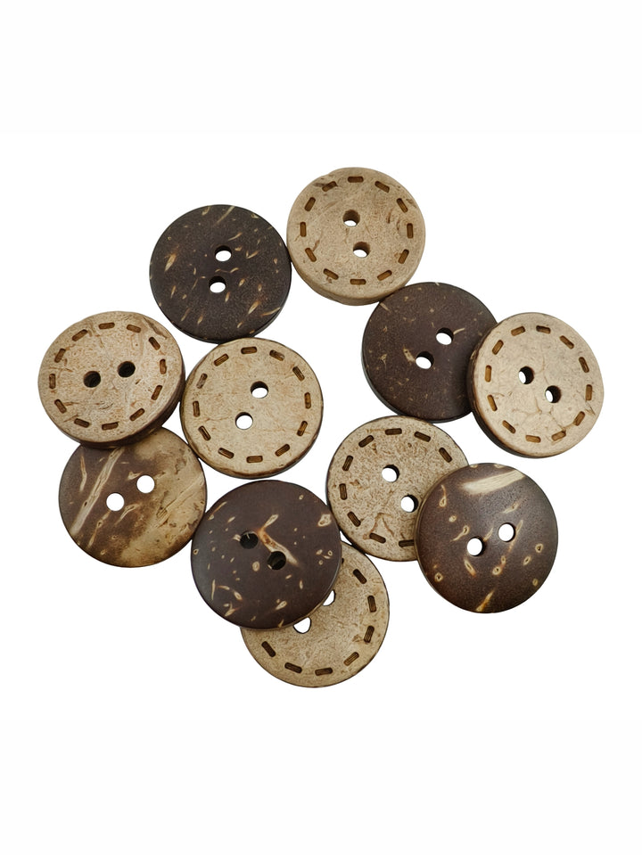 Round Shaped Cutting Lines Edge Design 2-Hole Coco Shell Buttons. Ideal for coats, blazers, shirts, jeans, pants, skirts