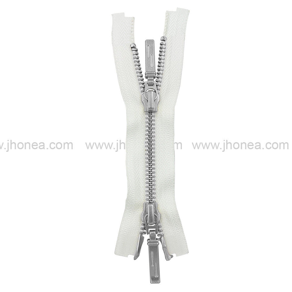 YKK- Premium #5 Silver with White Two Way Metal Zipper for Jackets/Dresses