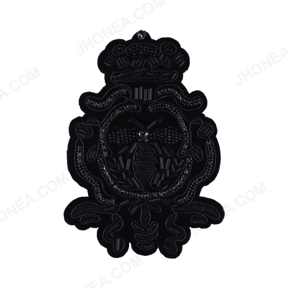 Black Diamond Beaded Honeybee Motif Embroidery Patch