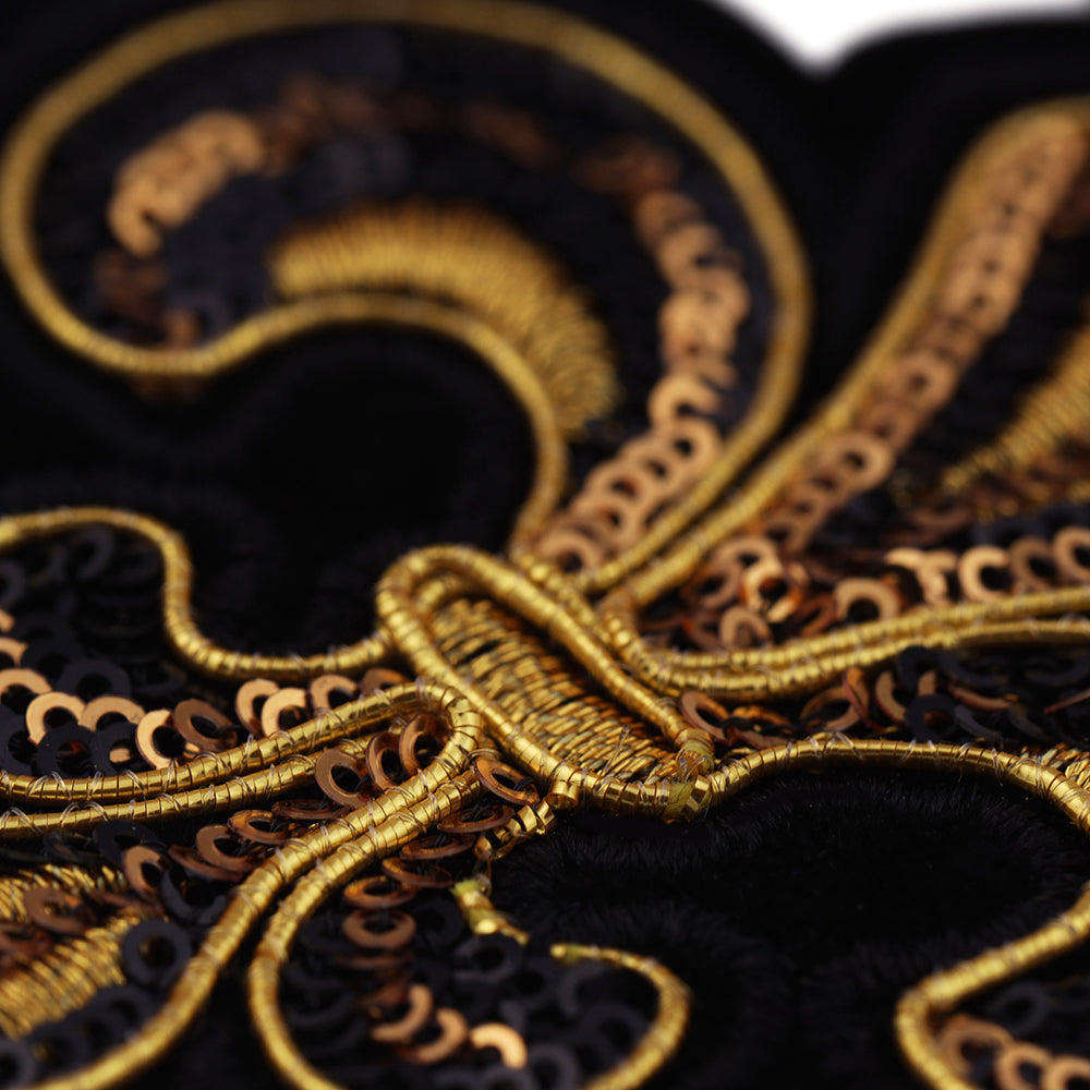 Vintage Shiny Bright Gold with Black Fleur De Lis Embroidery Patch