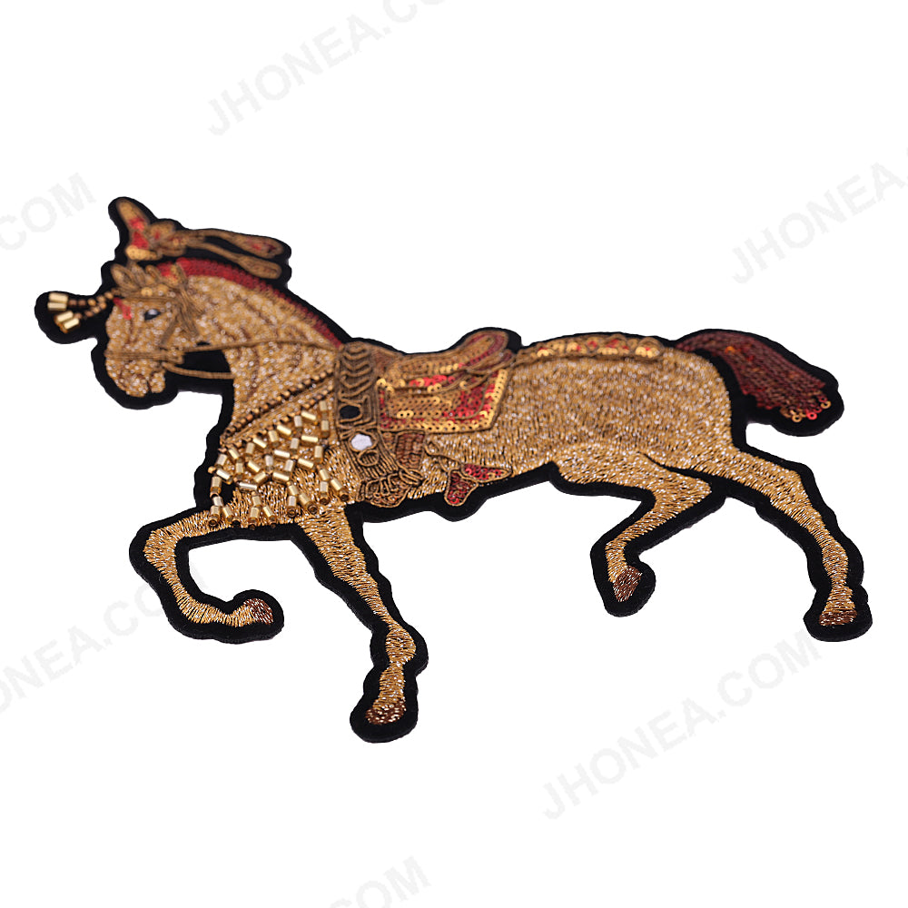 Intricate Golden Beaded Embroidery Horse Patch for Ethnic Wear