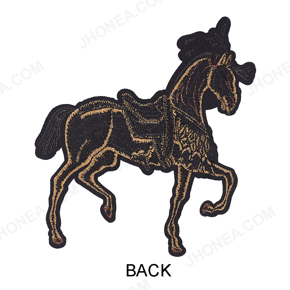 Intricate Golden Beaded Embroidery Horse Patch for Ethnic Wear