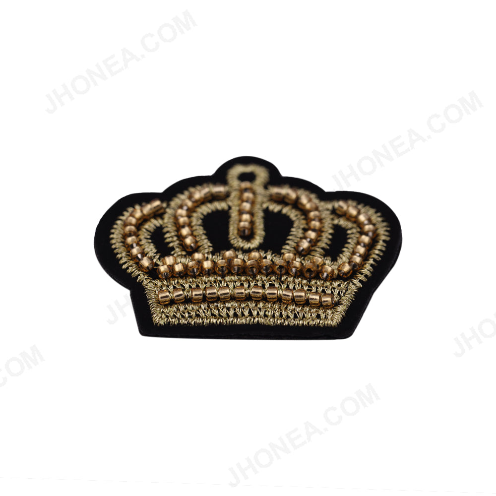 Attractive Black with Gold Embroidery Beaded Crown Patch
