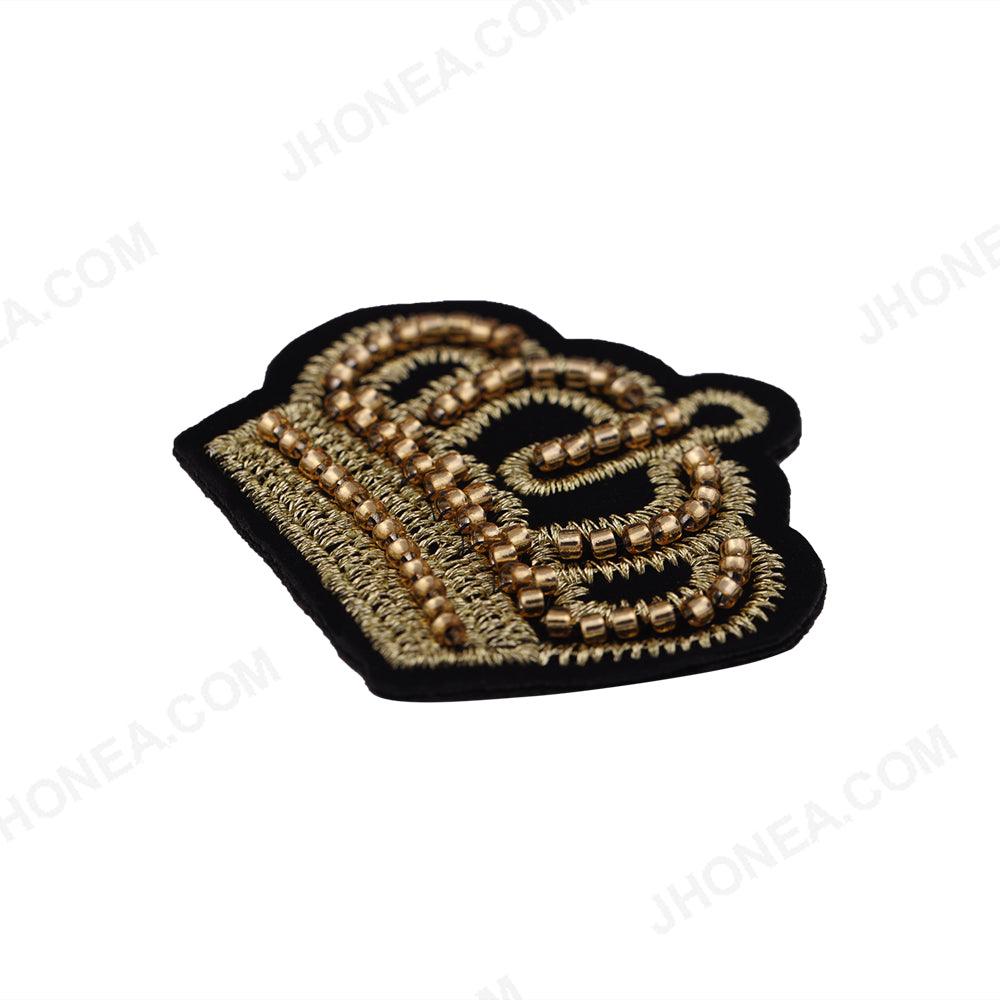 Attractive Black with Gold Embroidery Beaded Crown Patch