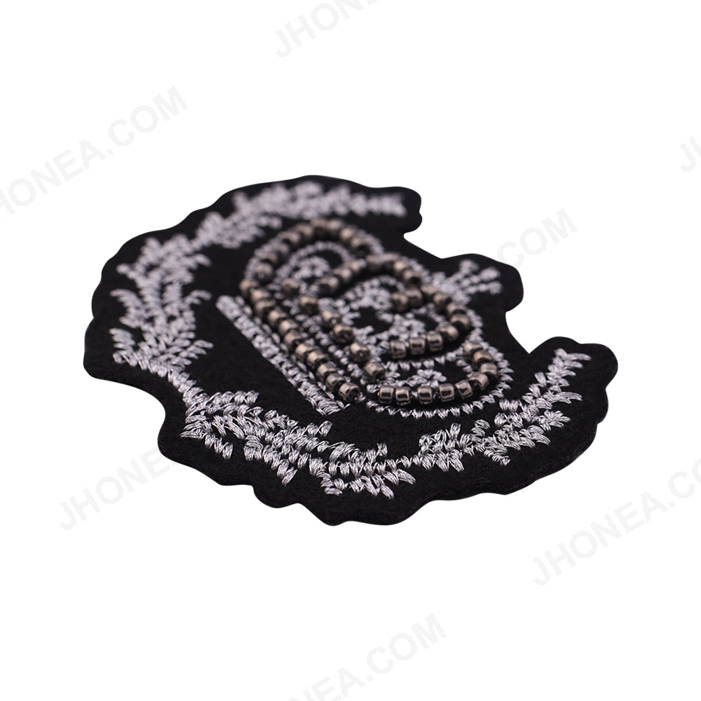 Metallic Silver with Black Royal Crown Beaded Badge Patch