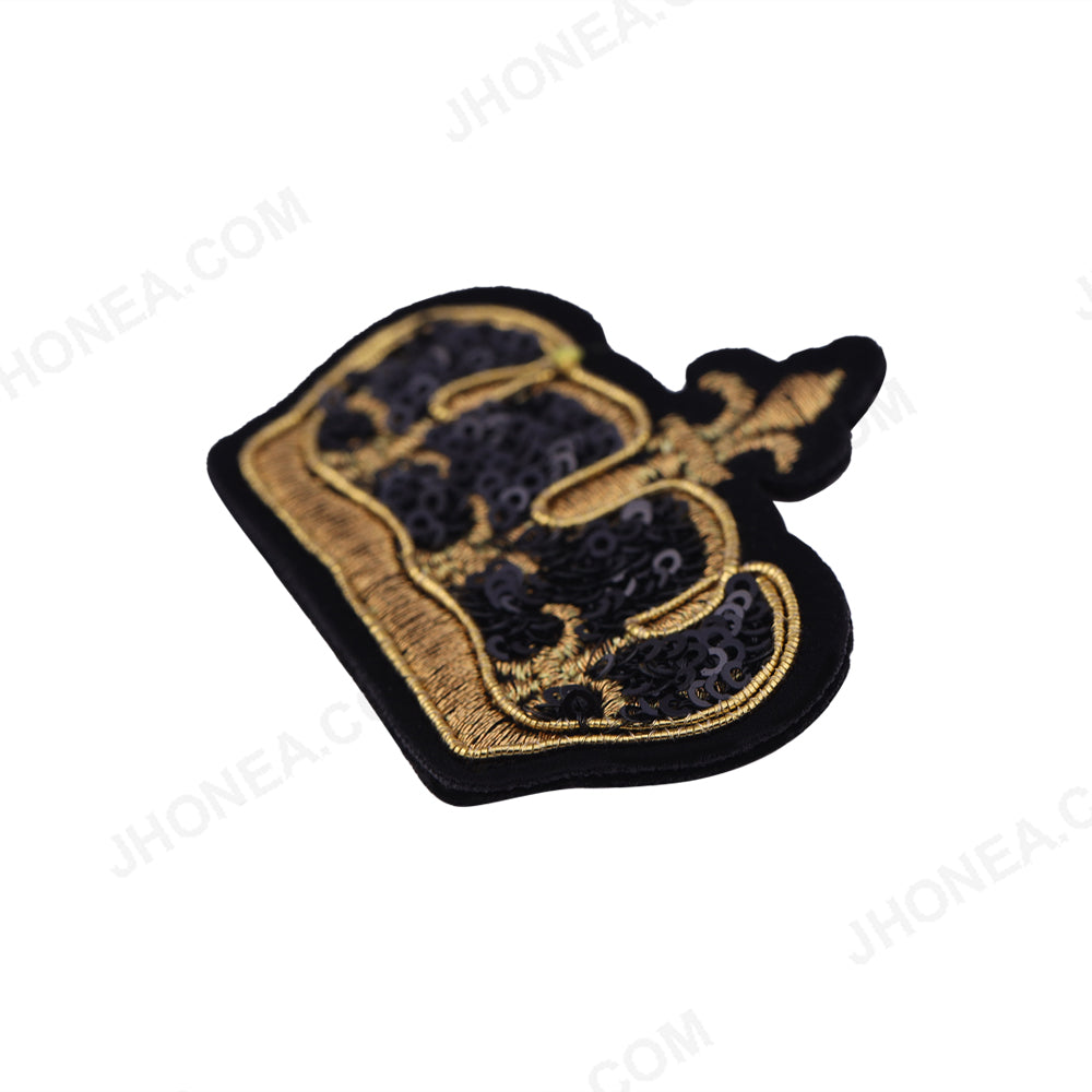 Black with Gold Embroidery Sequins Crown Patch