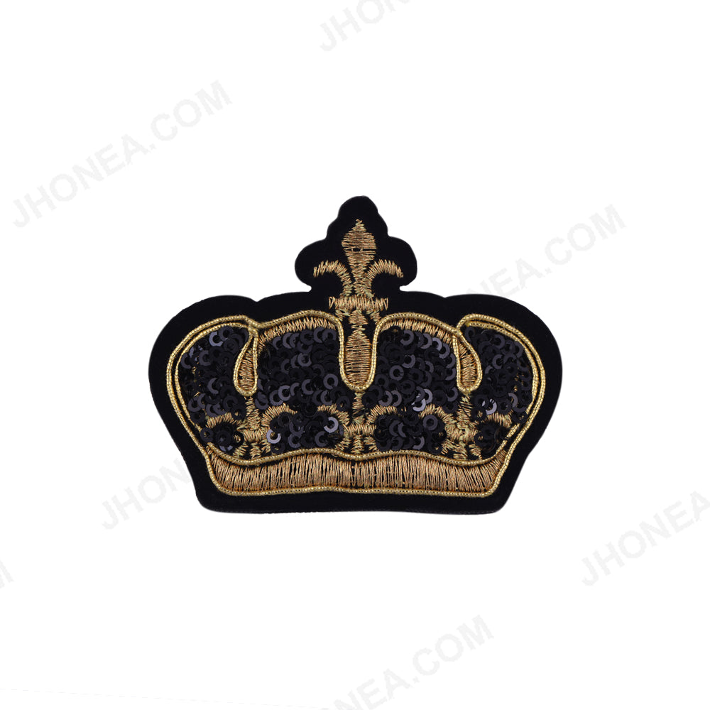 Black with Gold Embroidery Sequins Crown Patch