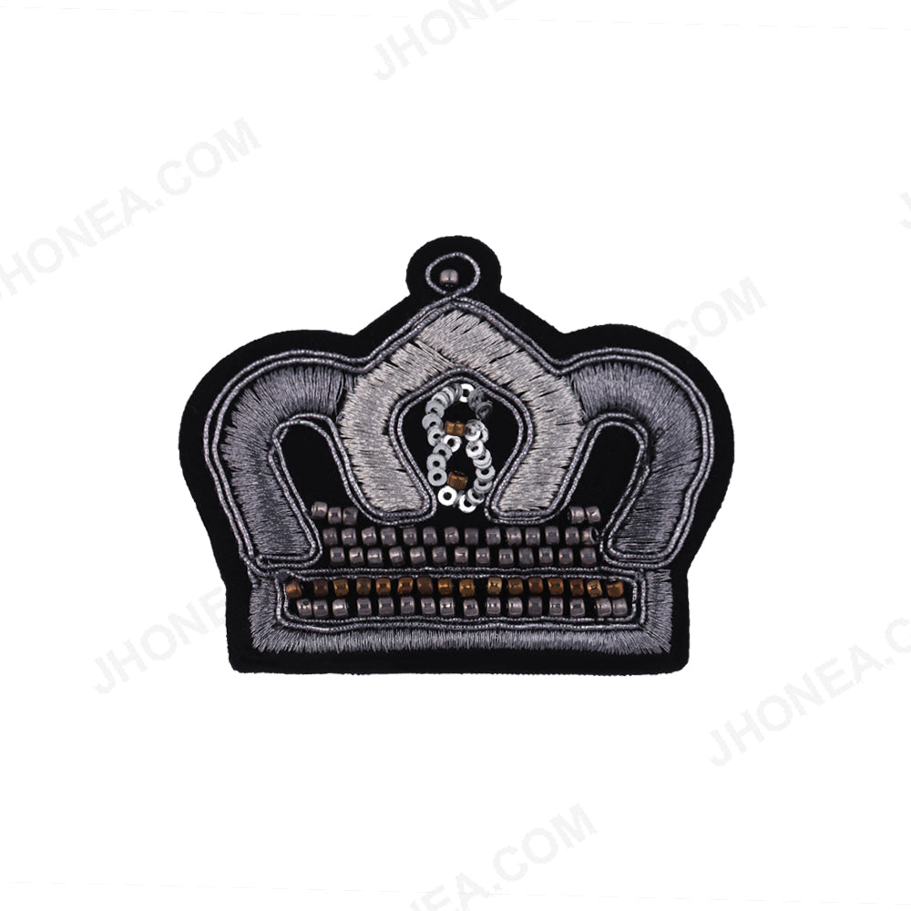 Classic Metallic Silver with Black Beaded Royal Crown Patch