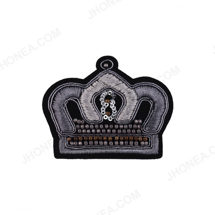 Classic Metallic Silver with Black Beaded Royal Crown Patch