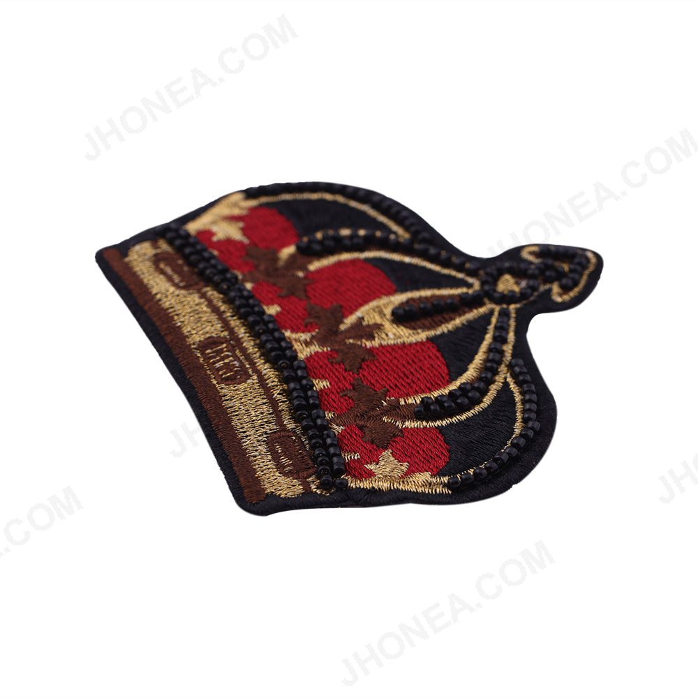 Metallic Thread Embroidery Black Beaded Crown Patch