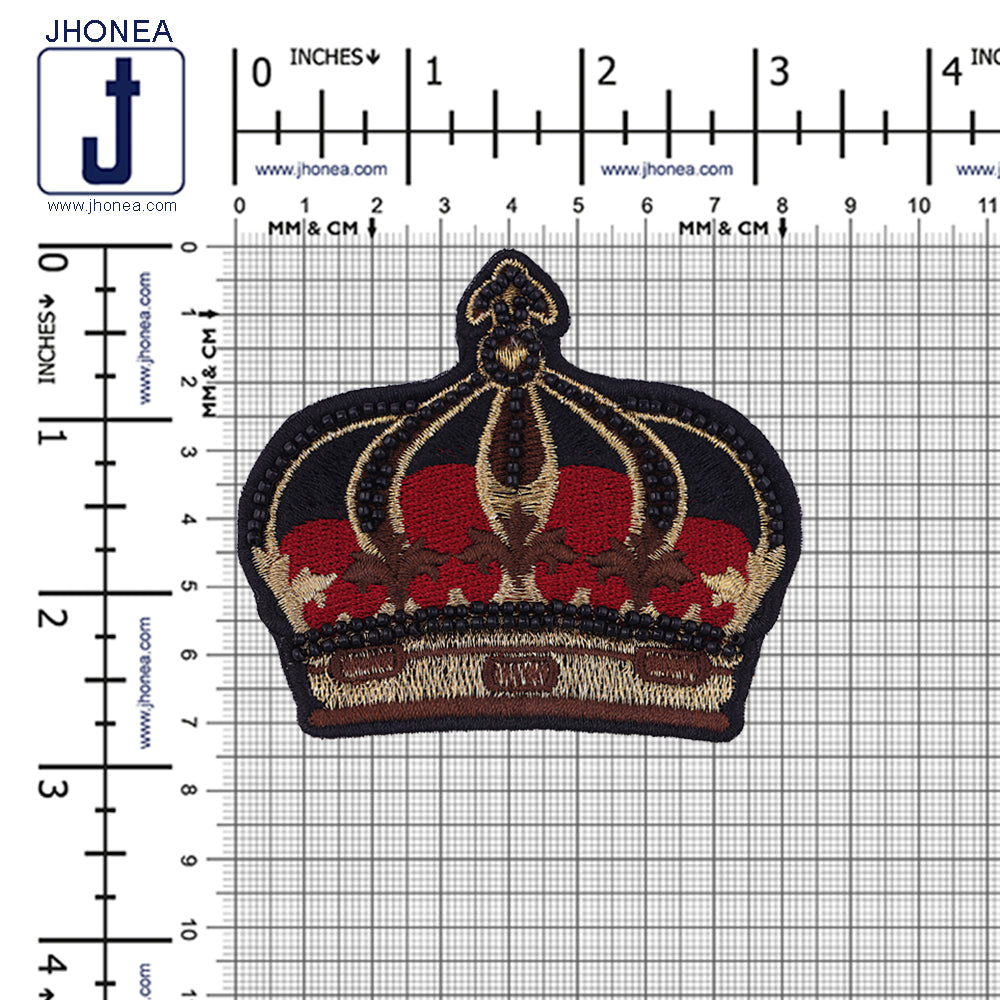 Metallic Thread Embroidery Black Beaded Crown Patch