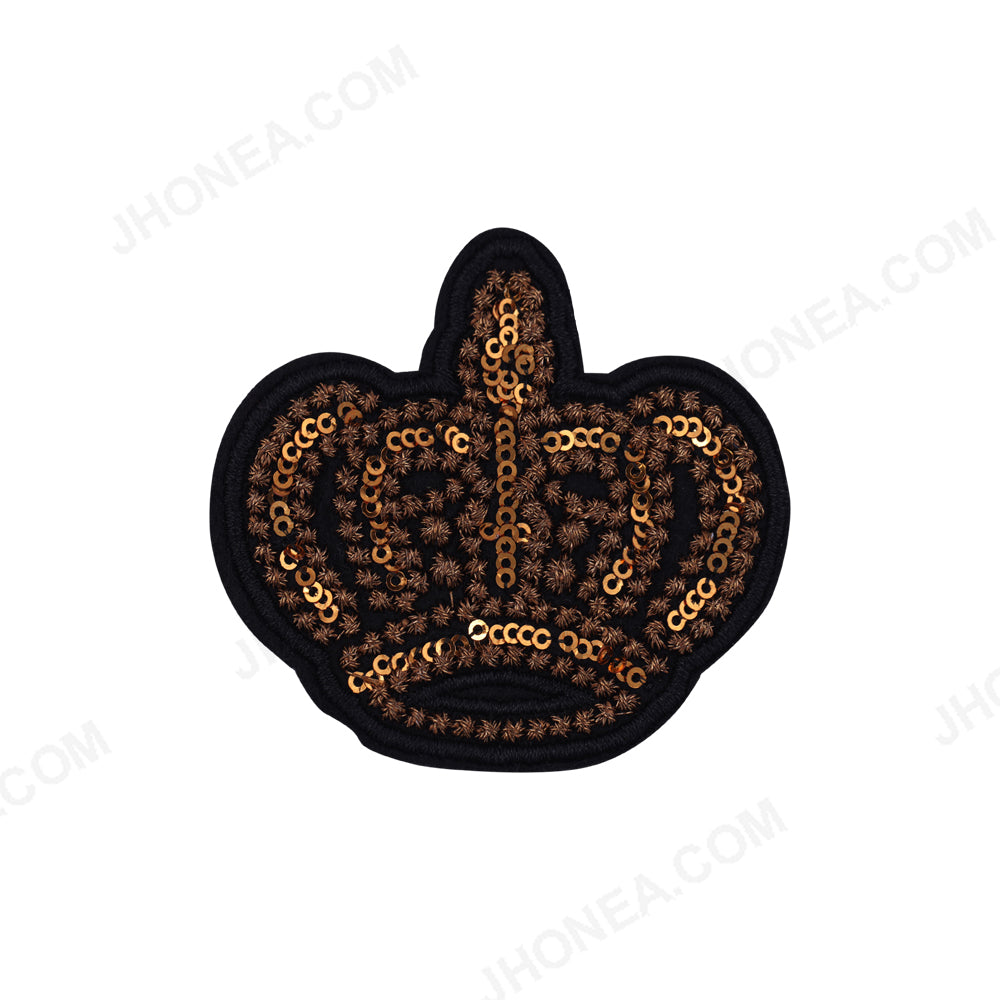 Metallic Embroidery Black with Gold Sequins Crown Patch