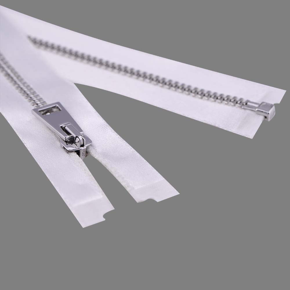 #3 Silver with White Glossy Soft Shiny White Satin Tape Zipper
