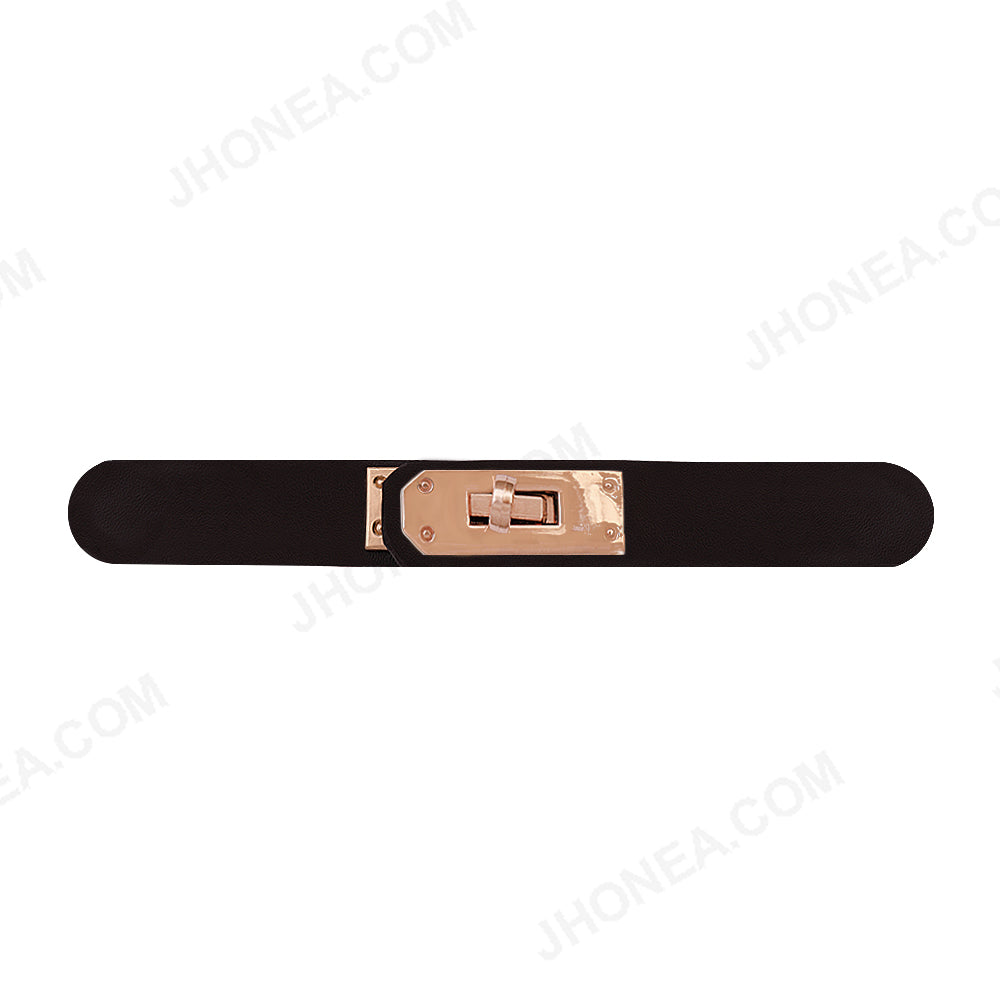 PU Leather Metal Closure Lock Clasp Belt Buckle in Shiny Gold with Black Color