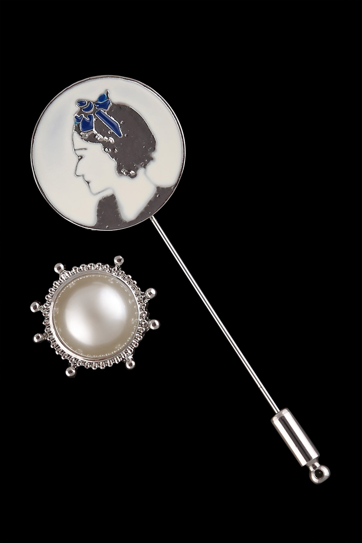 Set of 2 Classic and Stylish Shiny Silver Pearl Enamel Lapel Pin