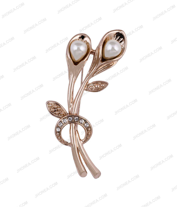 Sparkling Diamond & Faux Pearl Flower Bouquet Brooch in Shiny Gold Color 