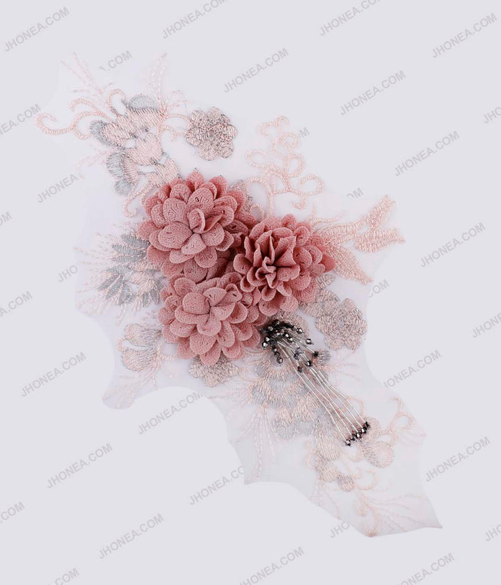 Peach Cutwork Flowers with Beaded Tassels Floral Embroidery Patch