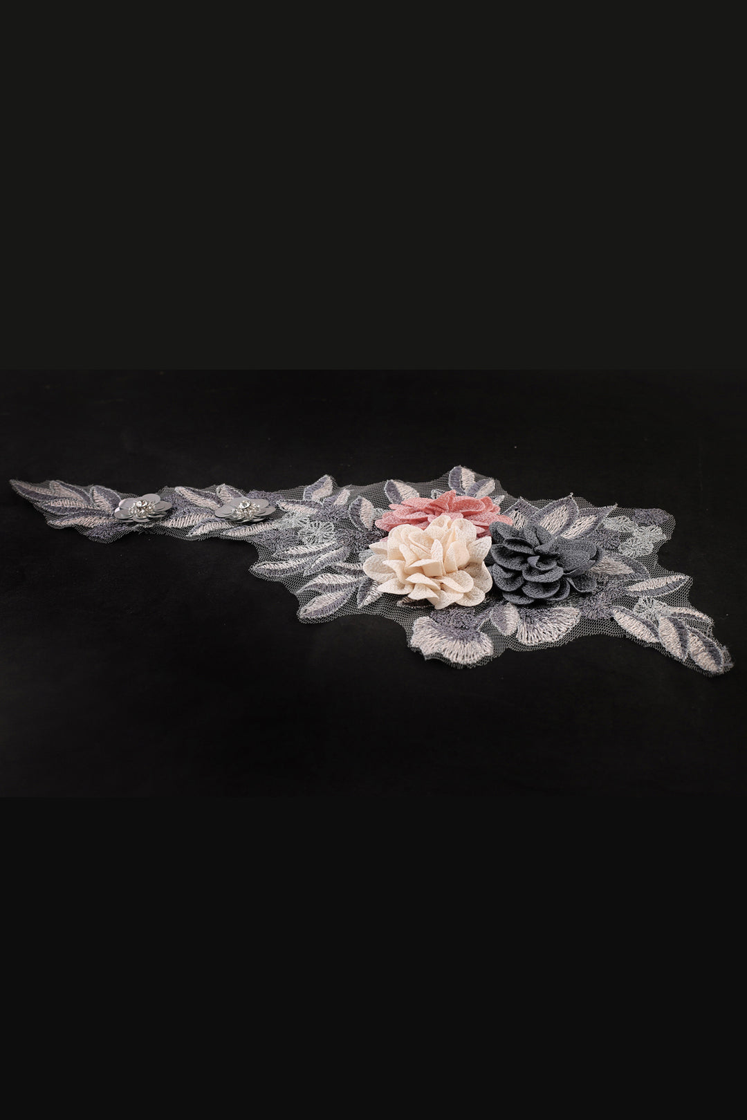 Exquisite 3D Flower Applique Sequined & Embroidered Grey Floral Patch