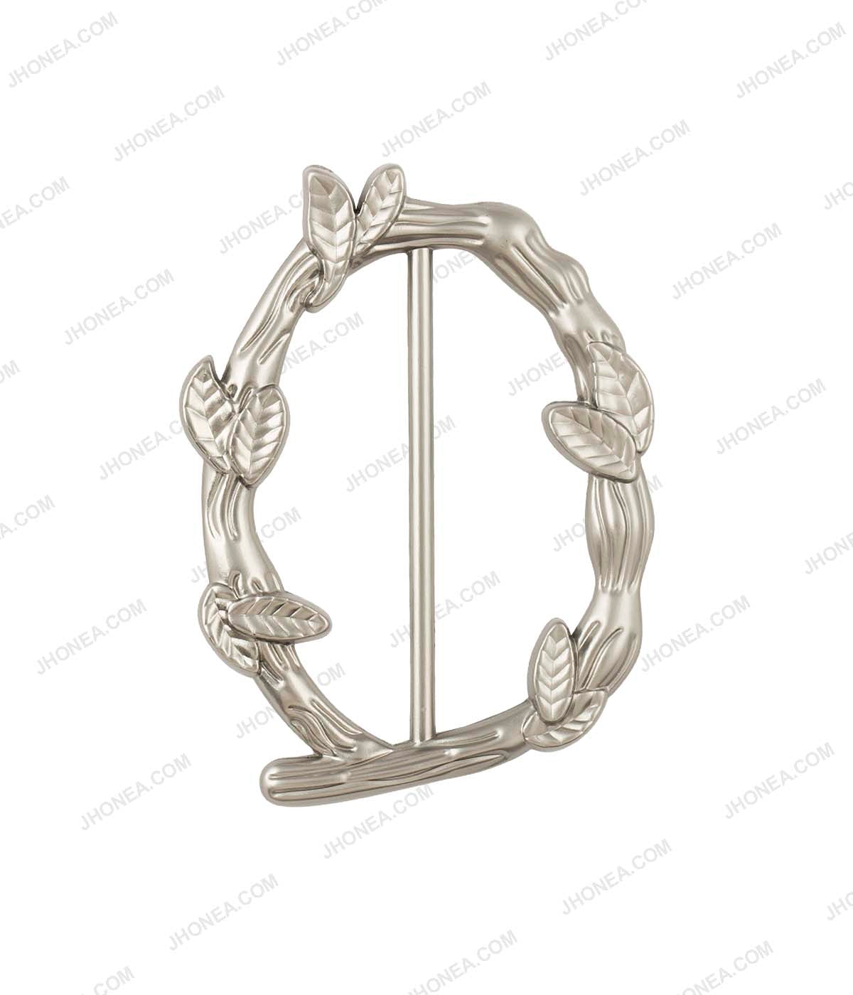 Oval Shape Branches & Leaves Wreath Design Sliding Matte Silver Color Belt Buckle