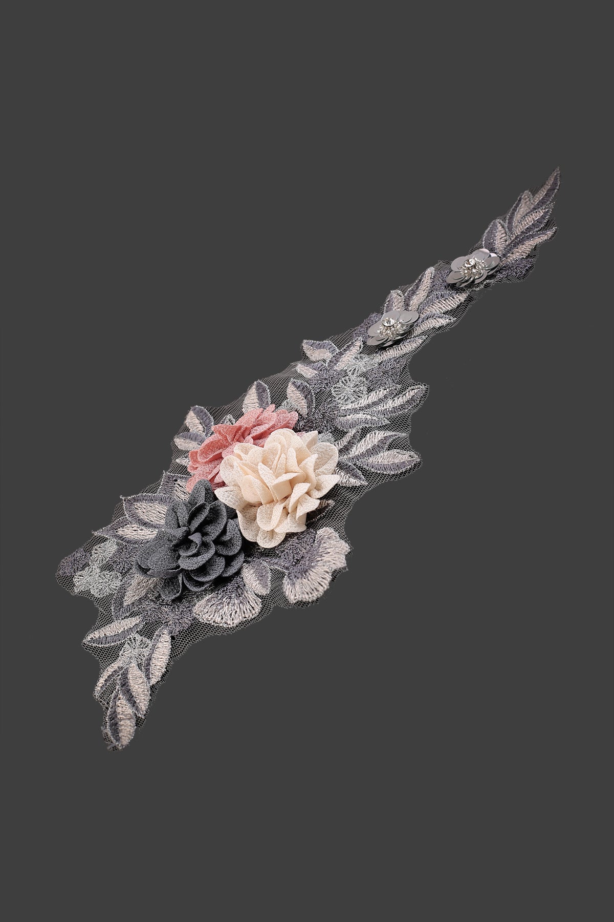 Exquisite 3D Flower Applique Sequined & Embroidered Grey Floral Patch
