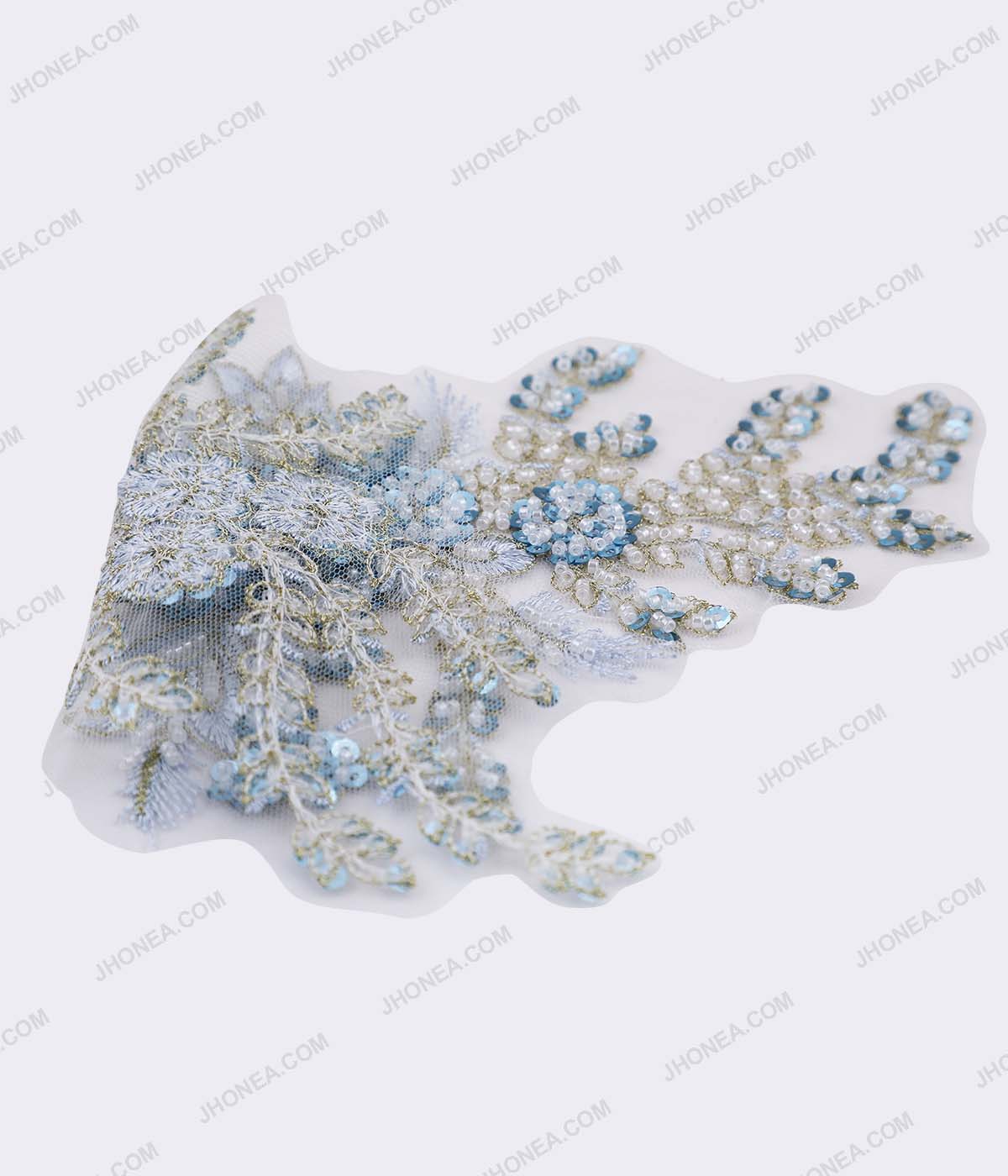 Shiny Blue Ombre with White Beaded Metallic Gold Embroidery Patch