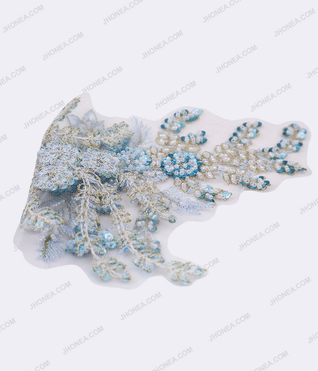 Shiny Blue Ombre with White Beaded Metallic Gold Embroidery Patch