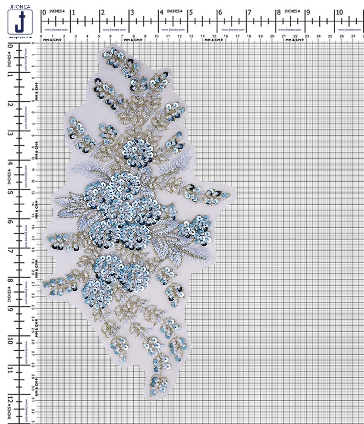 Shiny Blue Ombre with White Beaded Metallic Gold Embroidery Patch