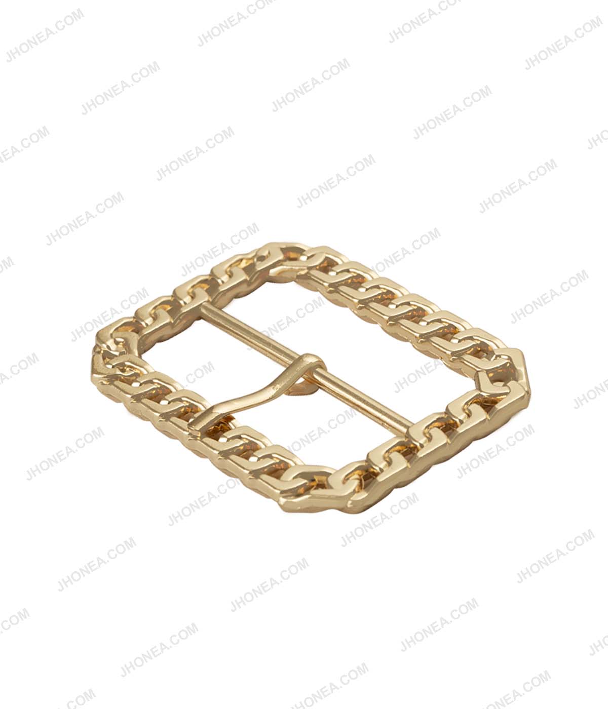 Rounded Rectangle Frame Shiny Gold Chain Design Prong Belt Buckle