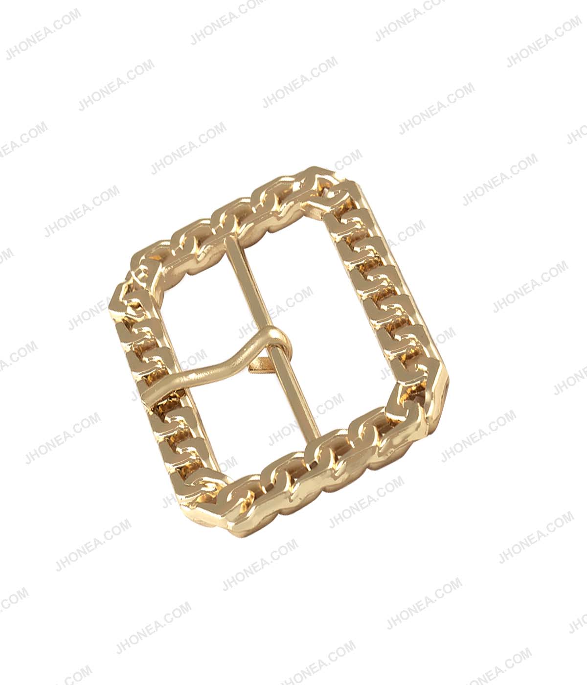 Rounded Rectangle Frame Shiny Gold Chain Design Prong Belt Buckle
