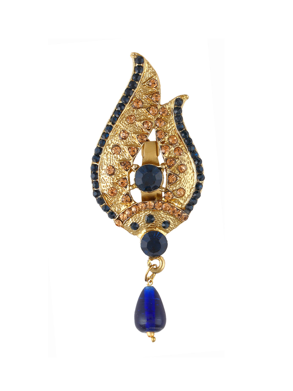 Golden Leaf Design Ethnic Diamond Brooch with Pearl Hanging