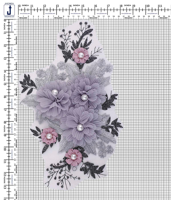Shades of Grey & Pink Flower Intricate Embroidery Patch