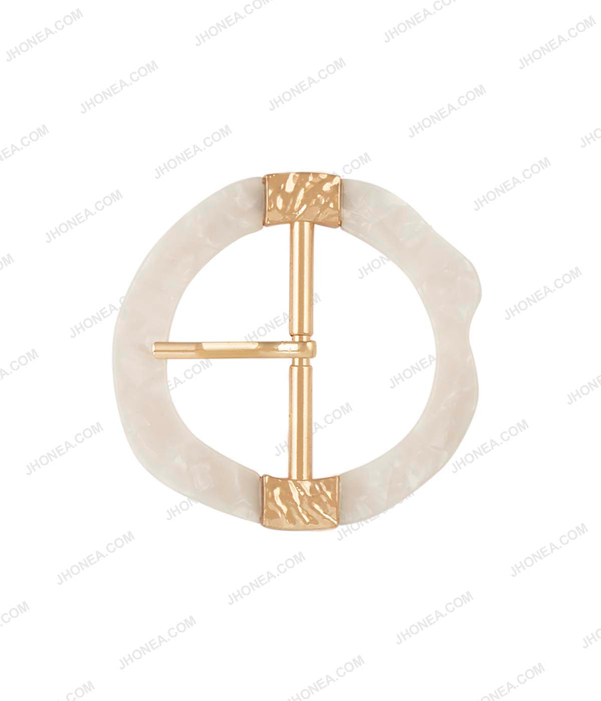 Glistening White Uneven Frame with Shiny Gold Center Bar Prong Buckle