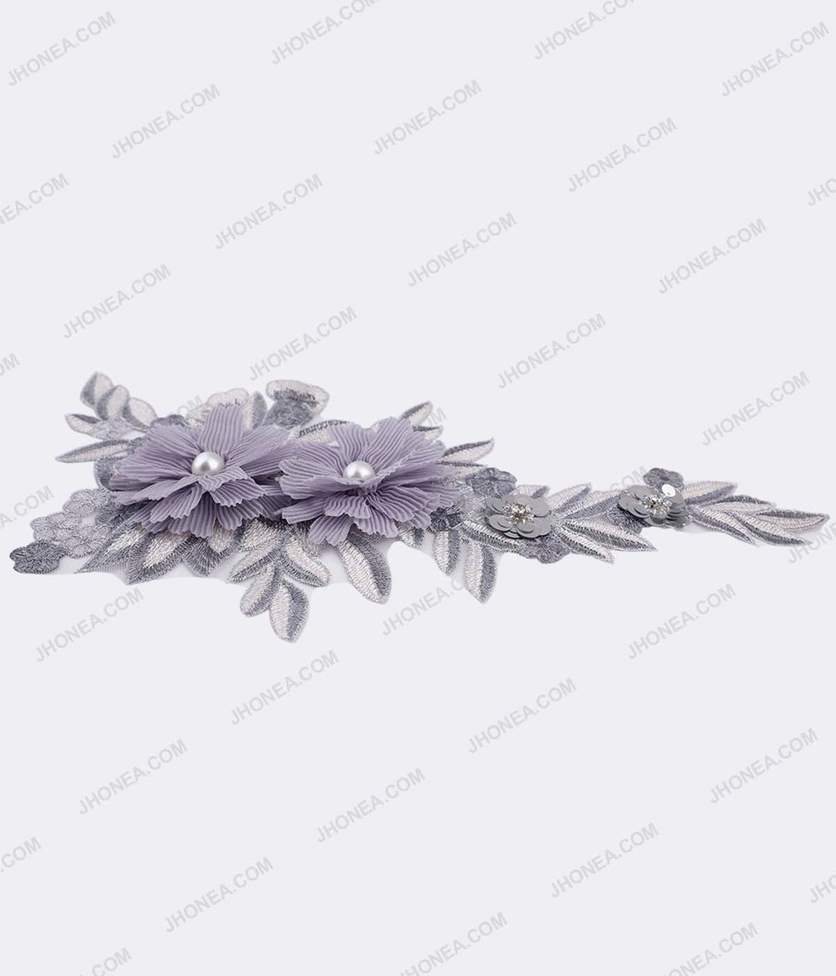 Grey Fabric Flower with Pearl Embroidery Patch for Dresses