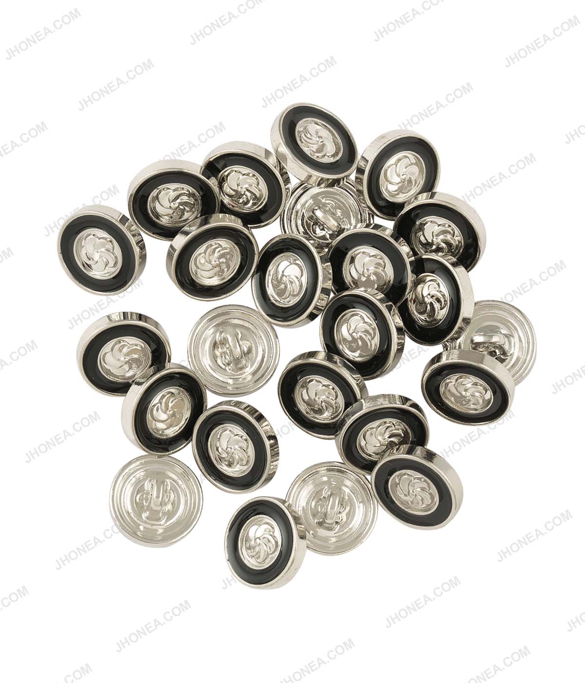 Shiny Embossed Flower Enamel Rim Border 10mm Shiny Silver with Black Color Shirt Buttons