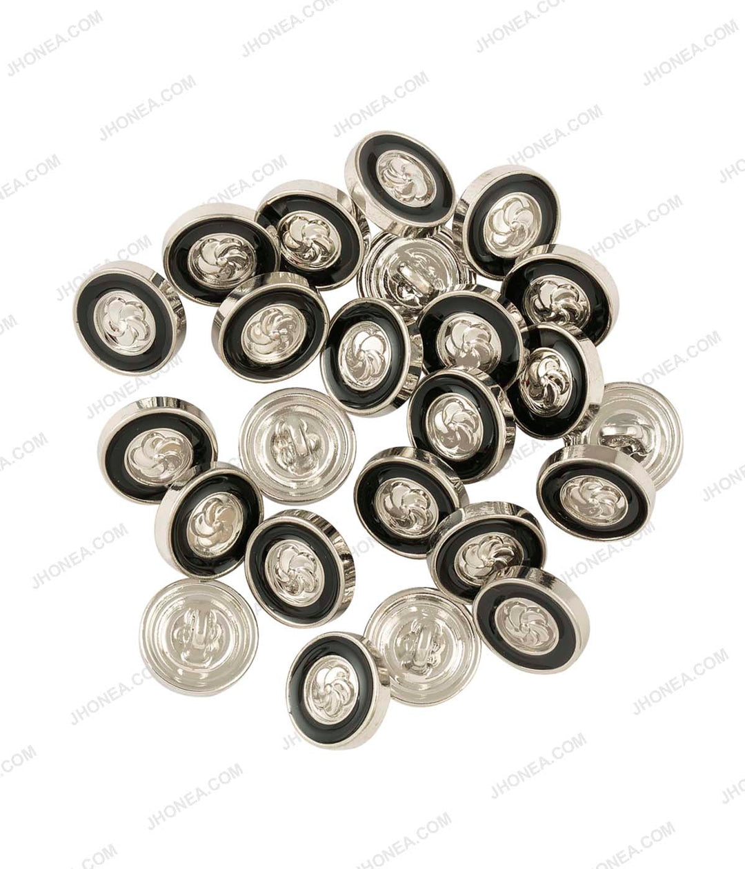 Shiny Embossed Flower Enamel Rim Border 10mm Shiny Silver with Black Color Shirt Buttons