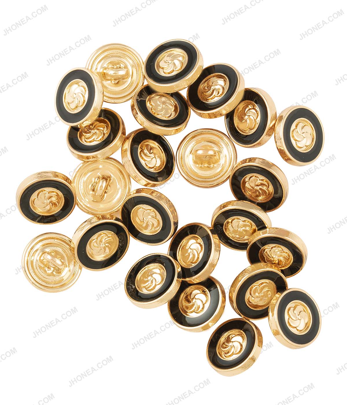 Shiny Embossed Flower Enamel Rim Border 10mm Shiny Gold with Black Color Shirt Buttons