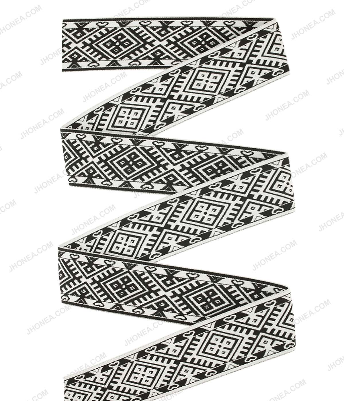50mm (2inch) Wide Black & White Taniko Pattern Woven Jacquard Elastic